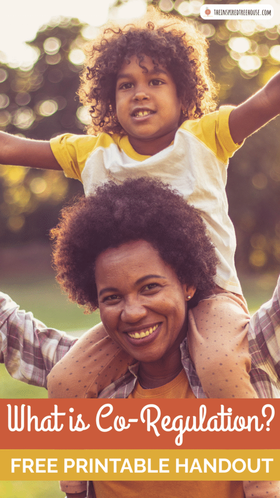 Mom with child on her shoulders, holding hands. Text reads "What is Co-Regulation?"