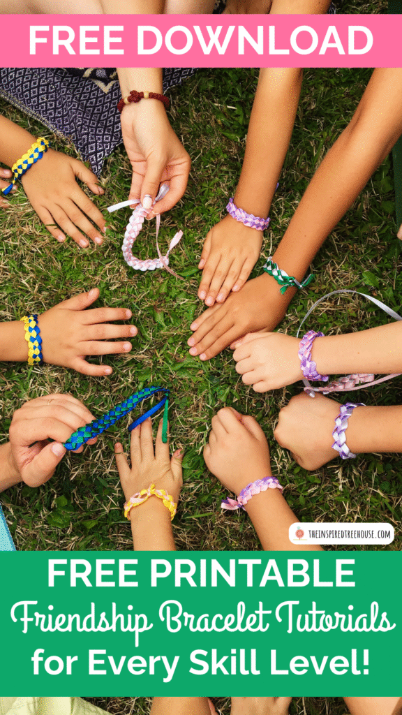 Picture of kids' arms with friendship bracelets. Text reads: Free Printable Friendship Bracelet Tutorials for Every Skill Level