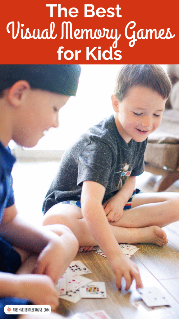 Kids playing card game, text reads "The Best Visual Memory Games for Kids"