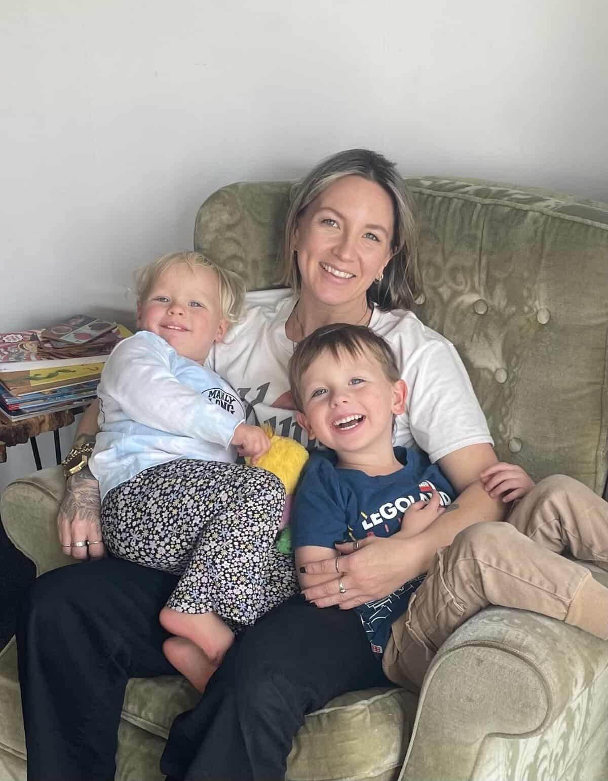 Upcycled T-shirt yarn craft session with Amy, featuring a woman and two children enjoying a creative.