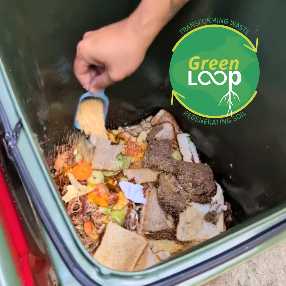 Hand adding food scraps to a Bokashi compost bin for eco-friendly waste recycling.