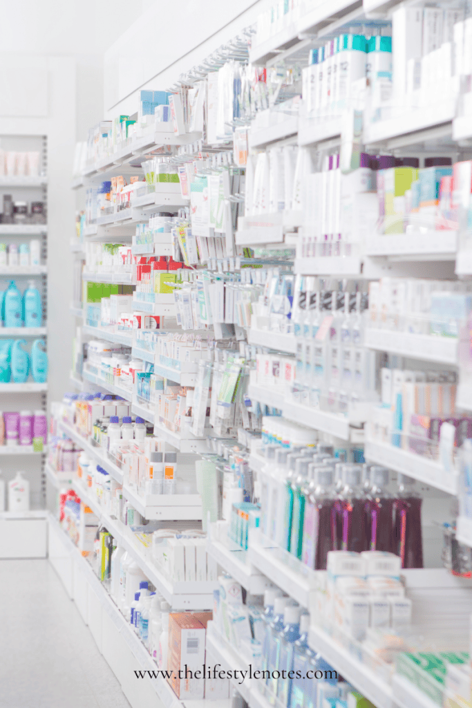 Drugstore Skincare Products. Drugstore aisle with products on shelves.