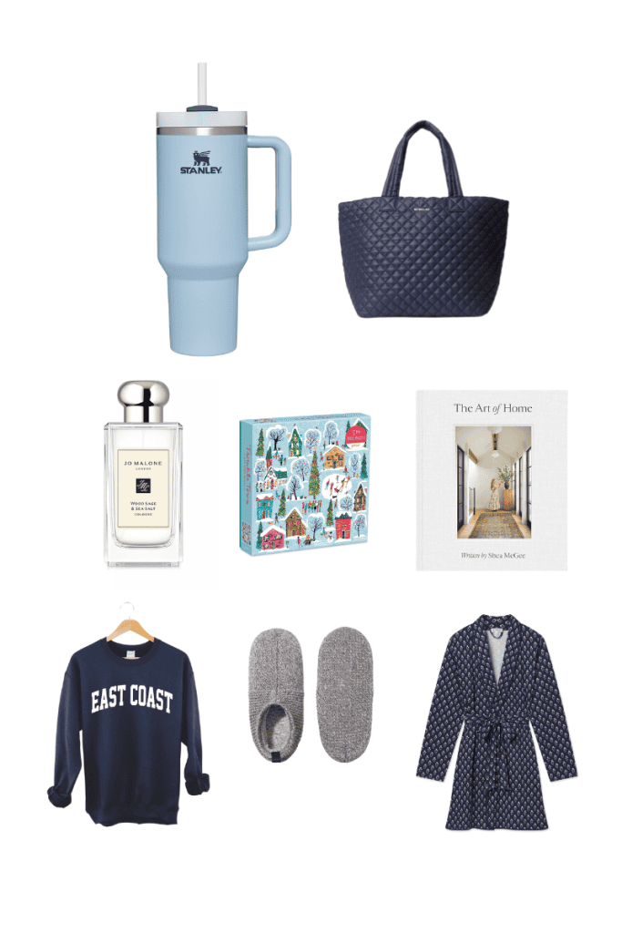 Stanley mug, MZ Wallace tote, Jo Malone cologne, puzzle, Art of Home book, East Coast sweatshirt, slippers, robe