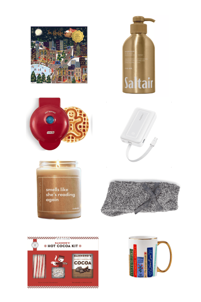 Puzzle, Saltair body wash, waffle maker, portable charger, candle, socks, hot cocoa kit, mug