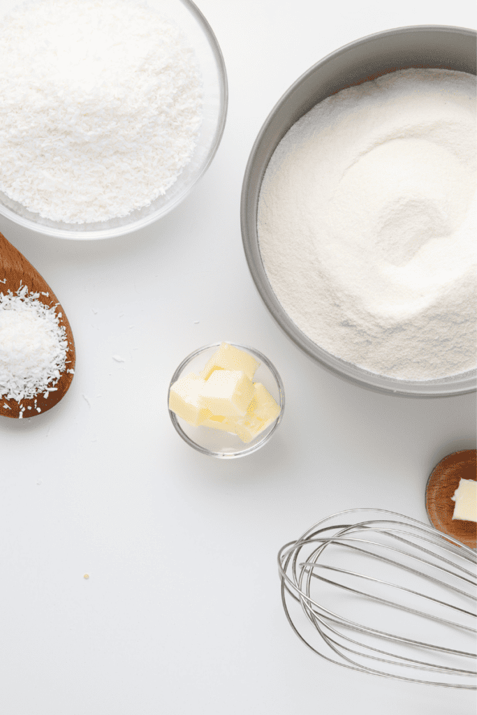Gluten Free Baking for Beginners. Picture of flour, salt, butter, eggs.