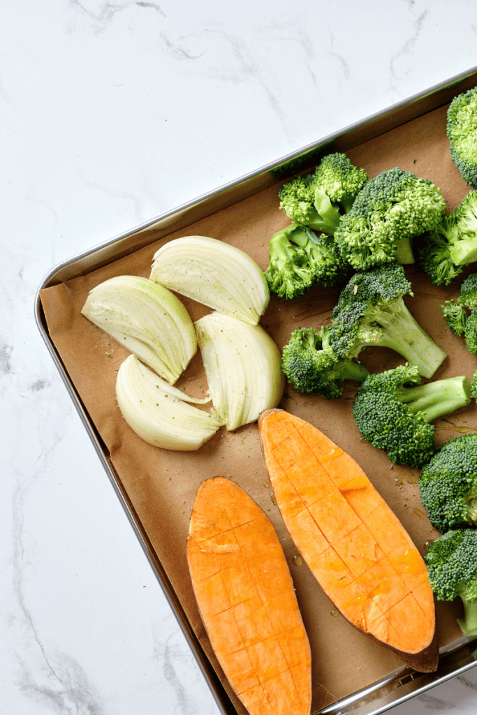 How to Start Meal Prepping. Sheet pan with veggies.