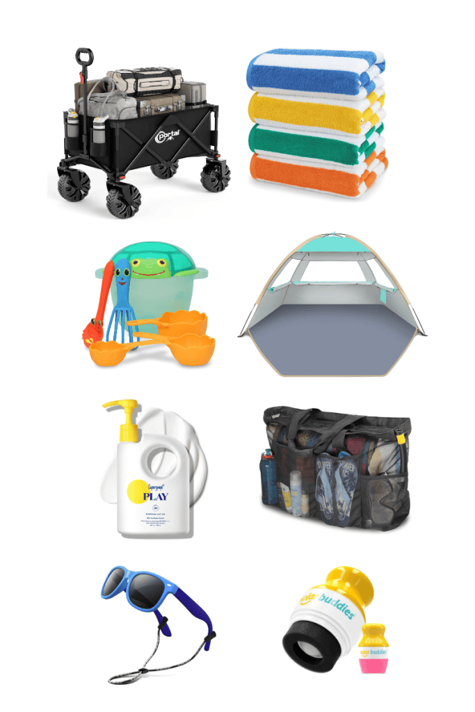 Product collage featuring pool cart, cabana towels, beach toys, beach tent, sunscreen, mesh bag, sunglasses, sunscreen applicator.