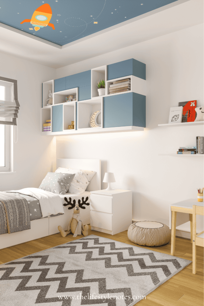 A Spring Cleaning Checklist for Your Kids' Bedroom. Simple kid bedroom with bed, bookshelves over the bed, a small desk and some stuffed toys. Light and neutral color palette.