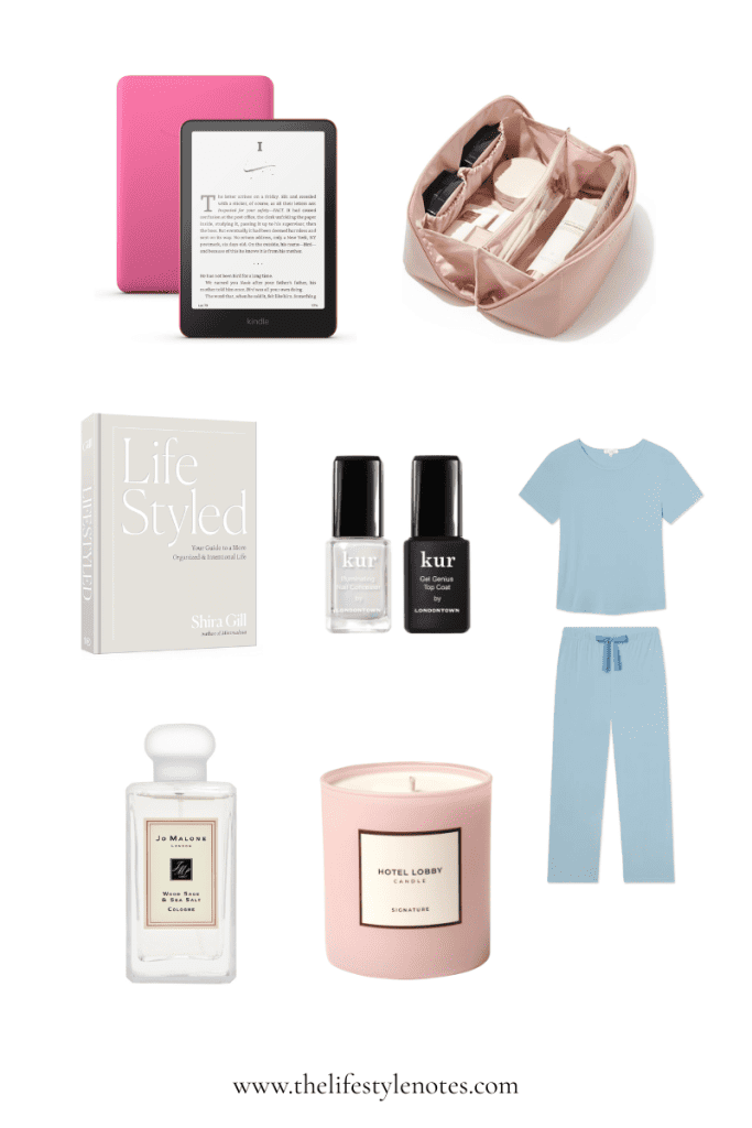 Collage with Kindle, travel cosmetic bag, LifeStyled book, nail polish duo, pajama set, perfume, candle.