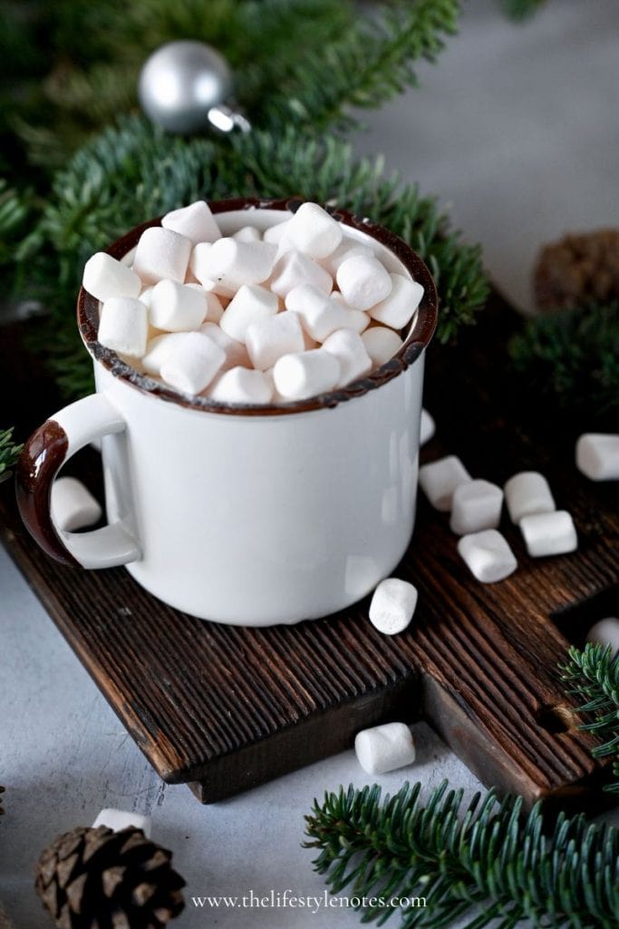 Healthier Hot Cocoa Bar. Mug of hot cocoa with mini marshmallows on a wood slab with evergreen pieces on the side.