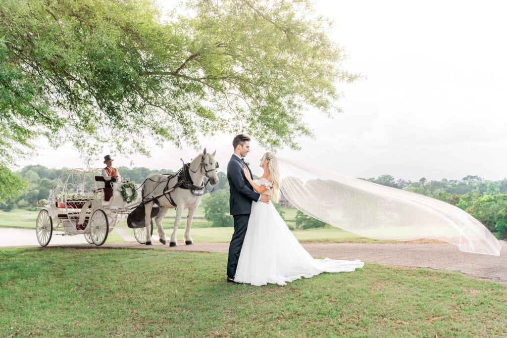 Bride and groom looking at each other with a horse drawn carriage in the background. Wedding photography mistakes to avoid