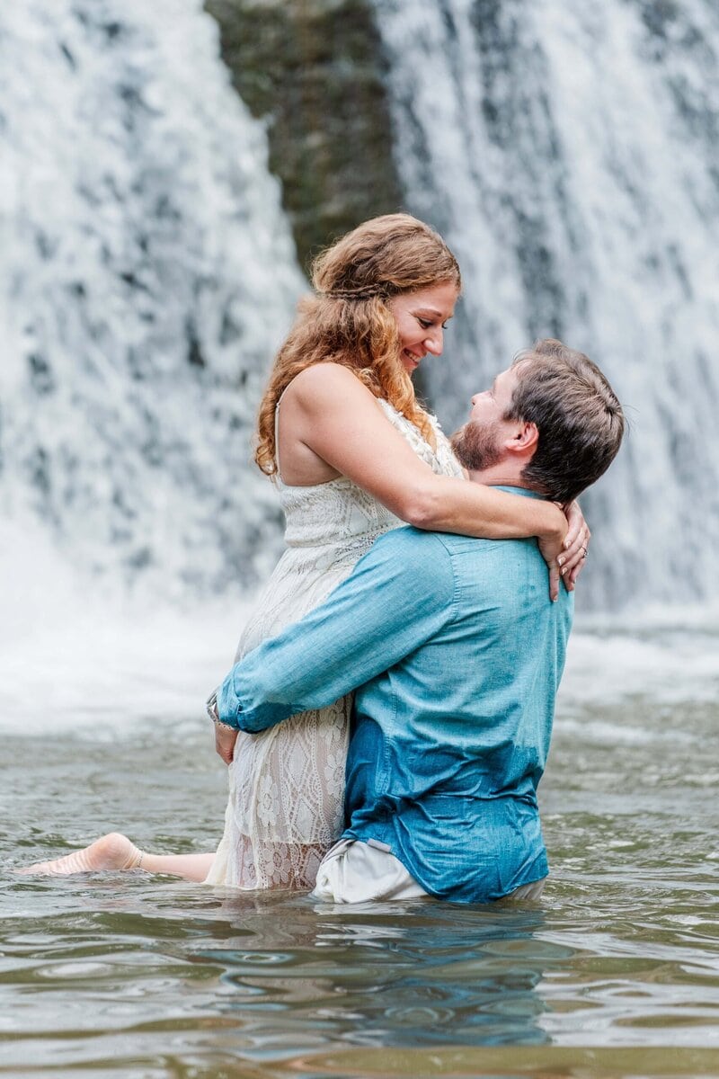 Romantic McGalliard Falls engagement session at the base of a beautiful waterfall in Valdese NC