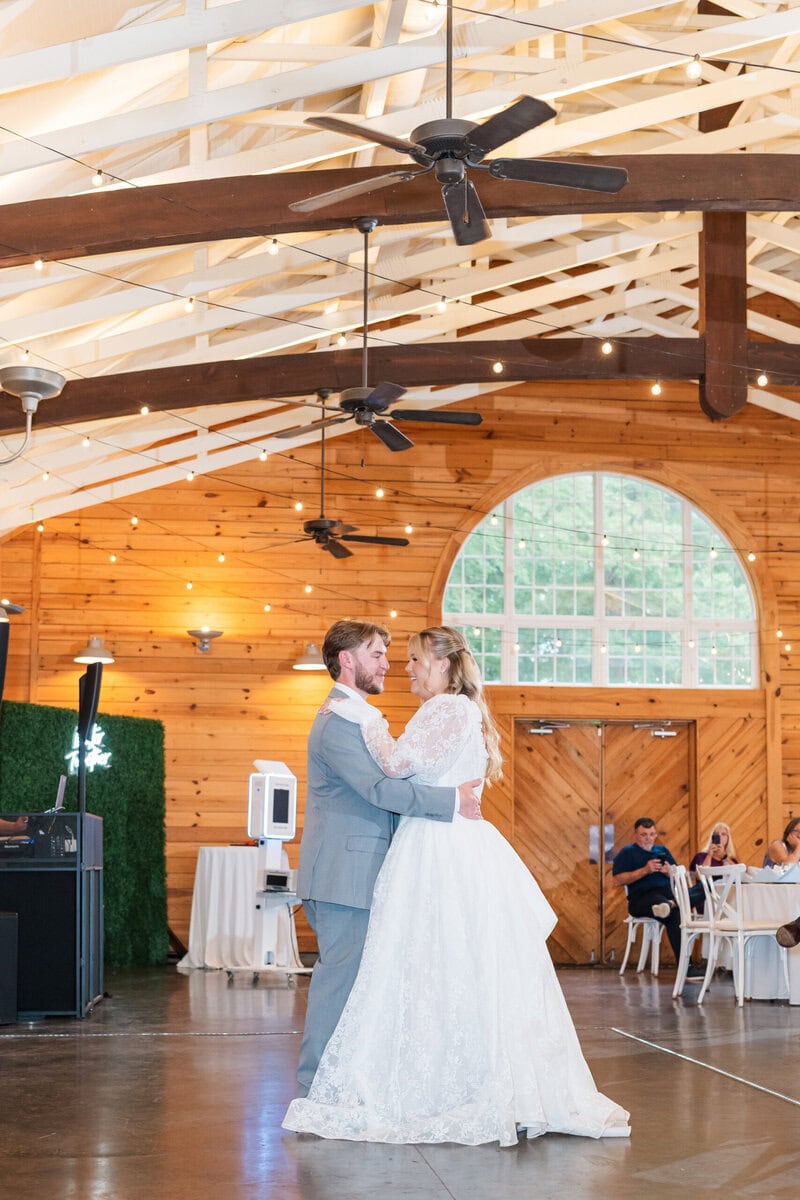 Bride and groom first dance in the Grand Hall at Alexander Homestead, Charlotte NC wedding photographer