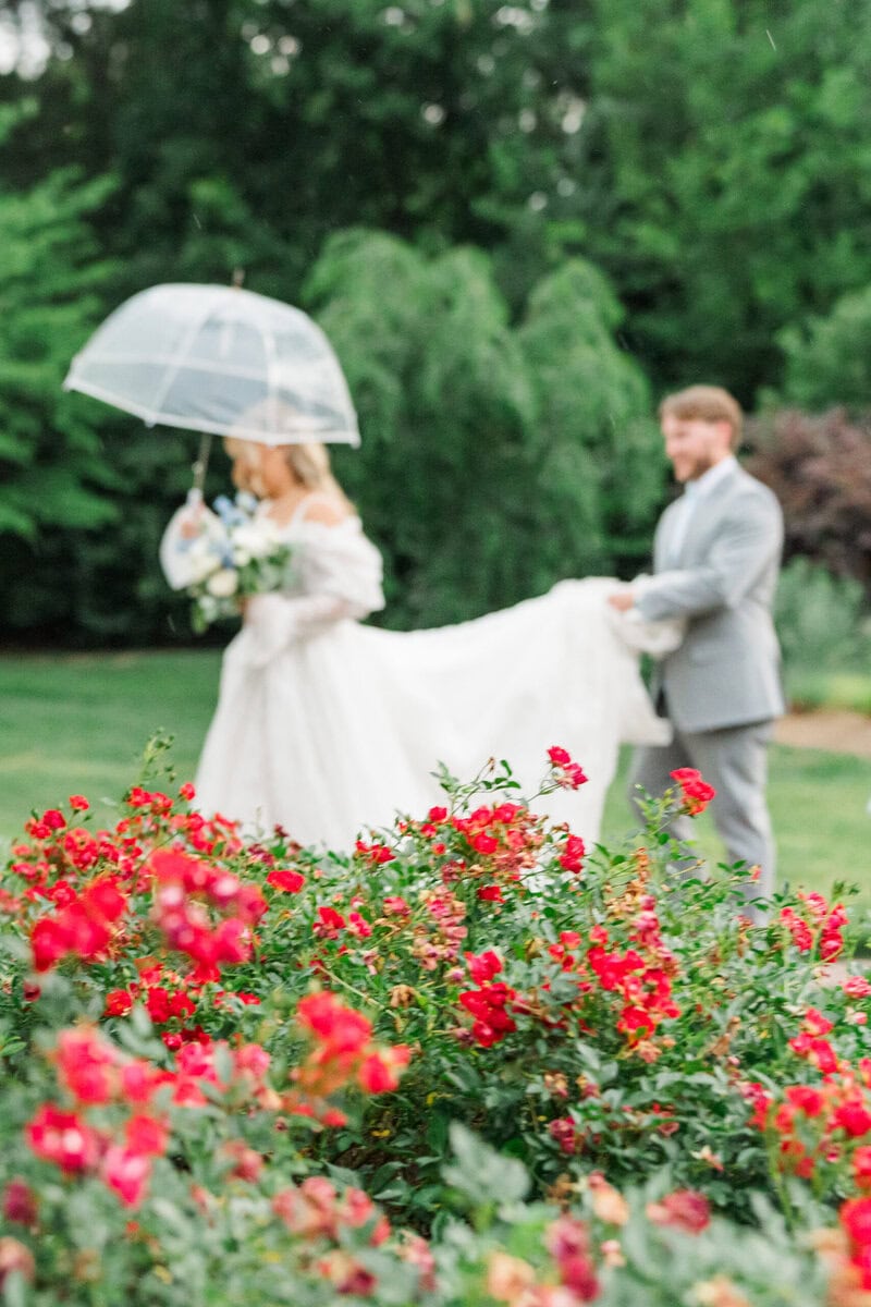 Bride and groom movement shot in the gardens of historic Alexander Homestead, documentary style wedding photography Charlotte NC
