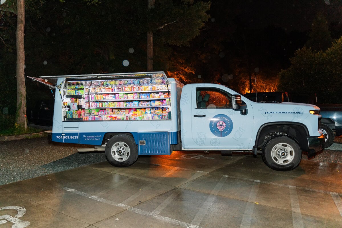 Candy truck at Alexander Homestead spring wedding, fun wedding reception details Charlotte NC