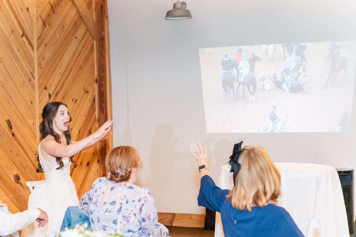 Bride's candid reaction to Kentucky Derby scratch at Alexander Homestead wedding reception