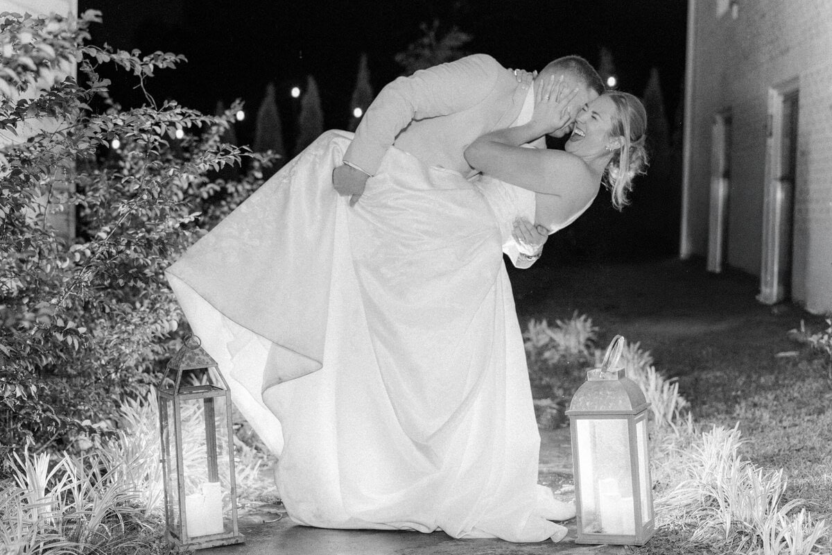 moody evening portrait bride and groom outside Mariposa Chapel historic chapel NC