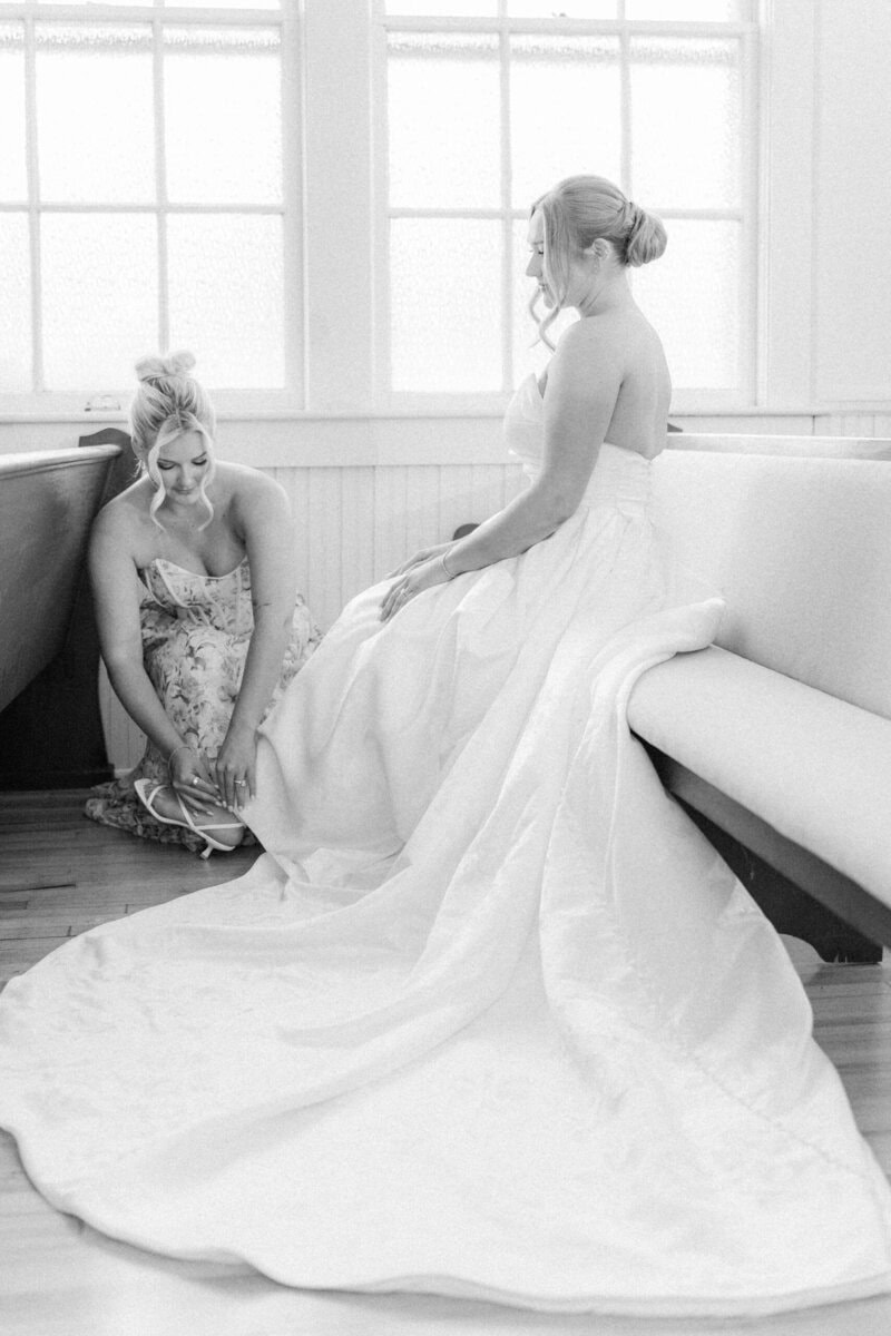 bride getting ready in chapel at Mariposa Chapel historic white chapel near Charlotte NC