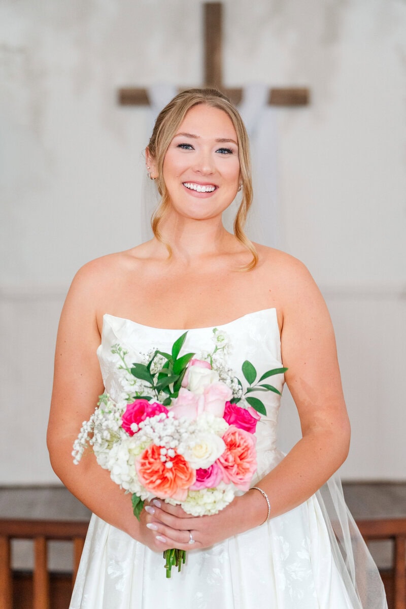 bride portrait soft window light bridal suite historic chapel Iron Station NC spring wedding