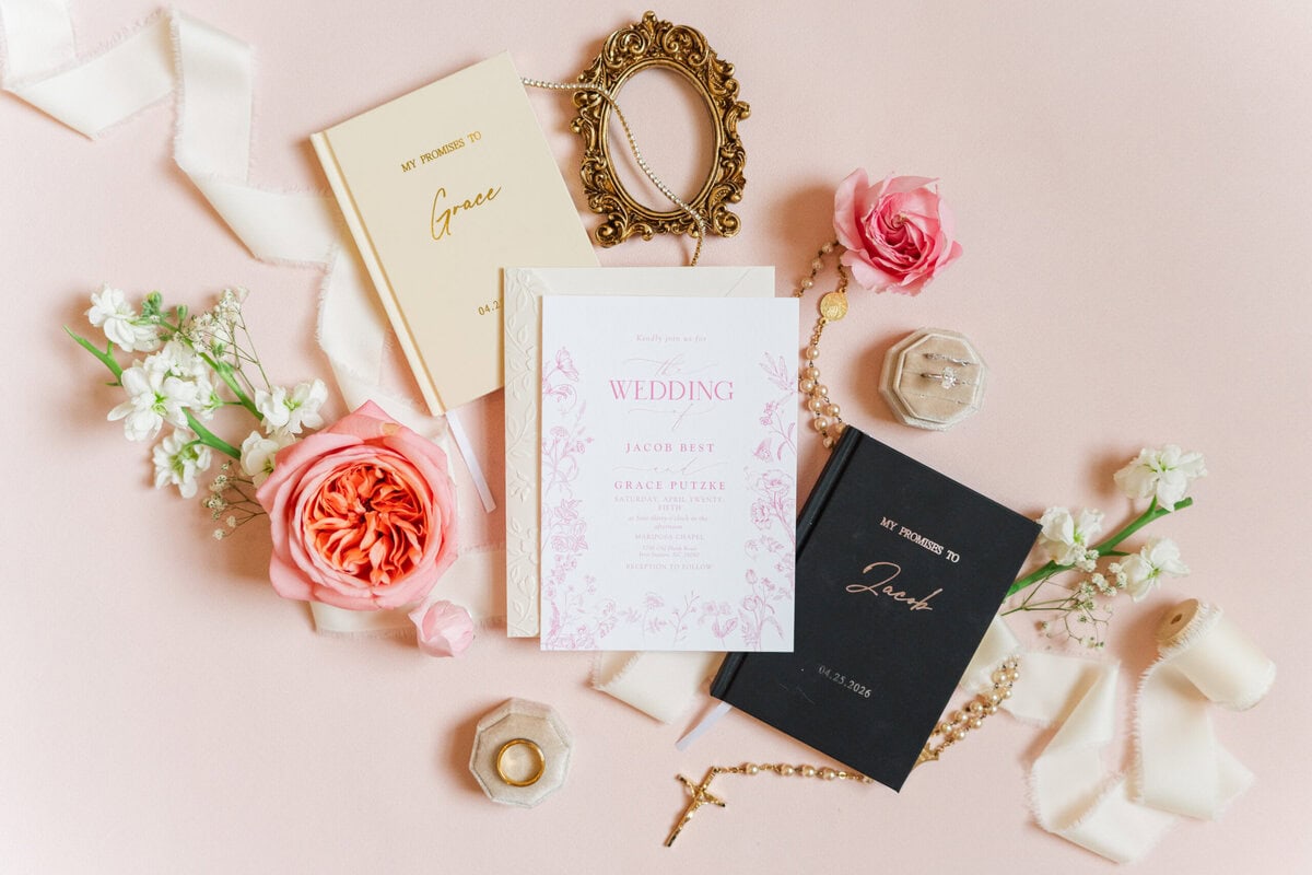 detail shot wedding invitation suite pink florals romantic chapel wedding near Charlotte NC