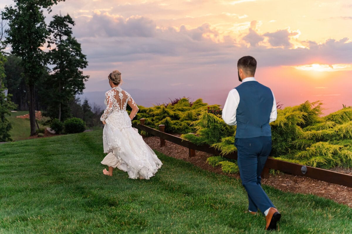 Couple portraits golden hour fire sky Hidden Hill Venue Morganton NC Blue Ridge Mountain