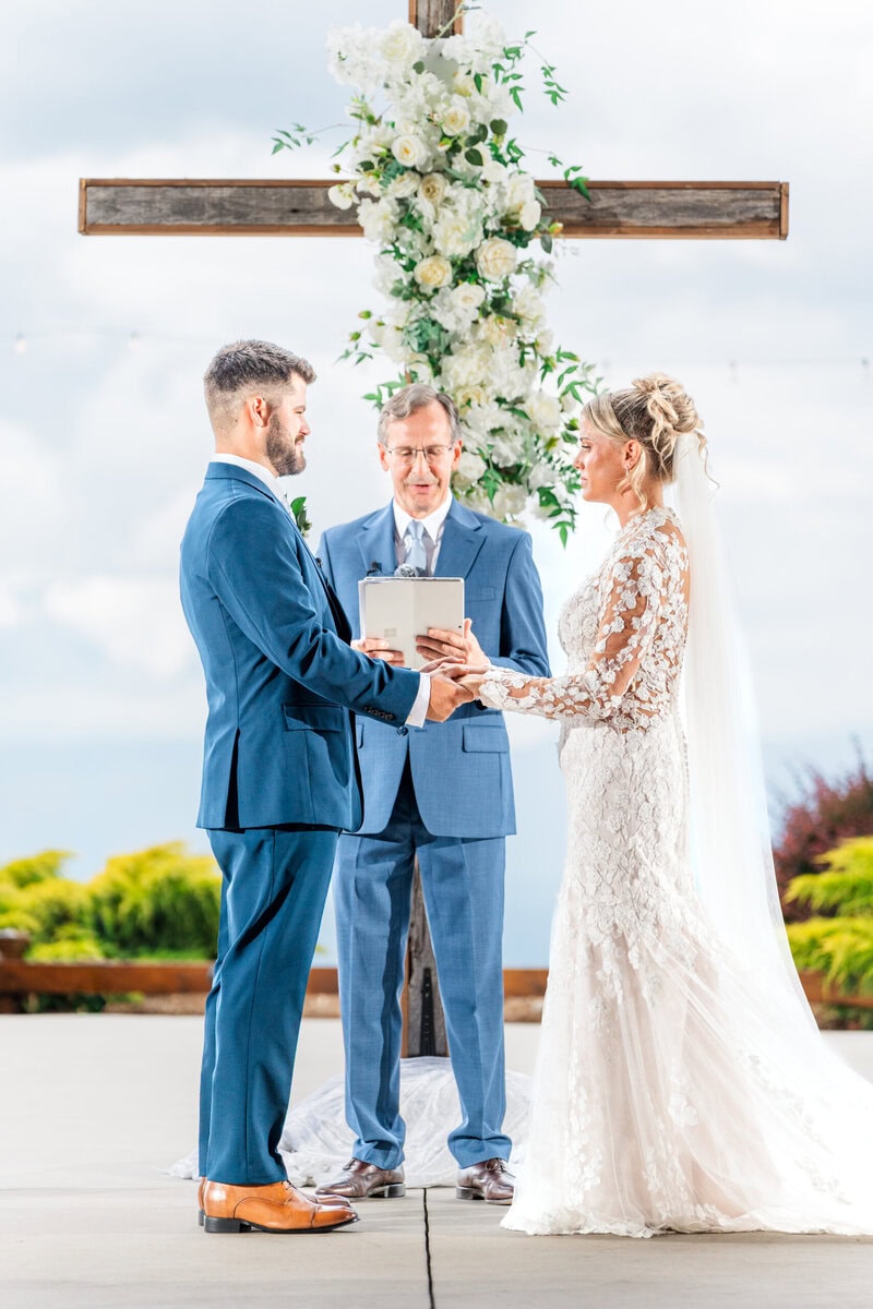 Off camera flash ceremony portraits in shadow at Hidden Hill Venue Morganton North Carolina Blue Ridge Mountains