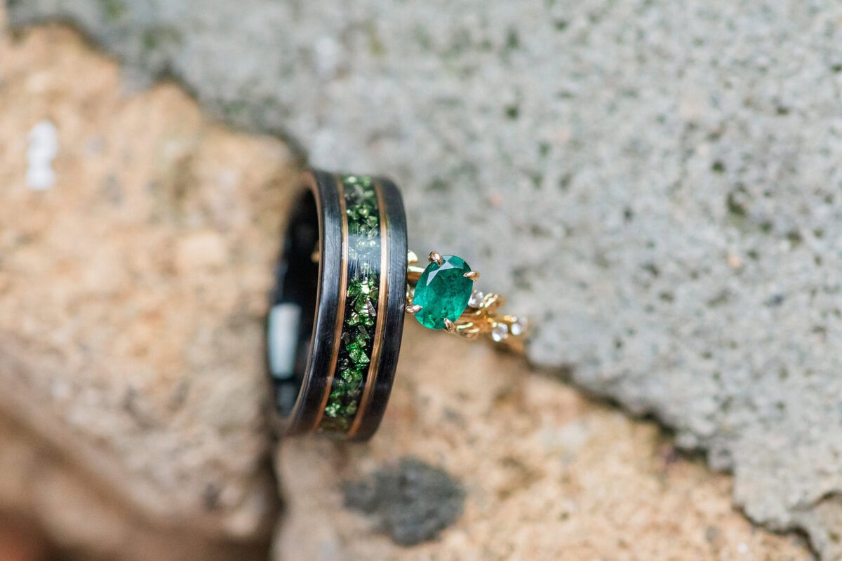Emerald engagement ring close-up detail shot at Providence Cotton Mill