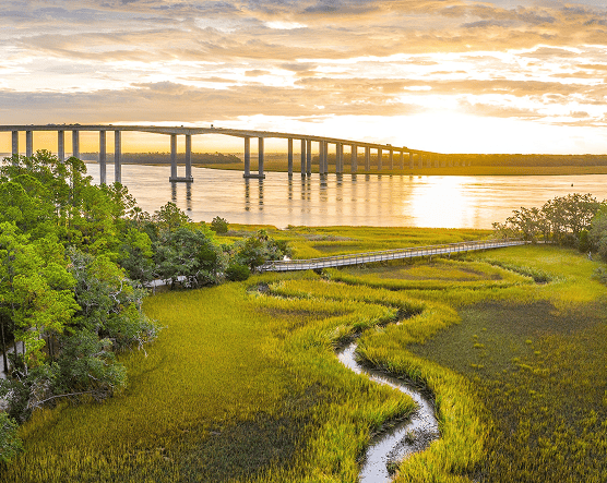 Serene view of The Marshes at sunset showcasing a scenic bridge over wetlands, lush greenery, and flowing water, perfect for nature lovers and outdoor enthusiasts.
