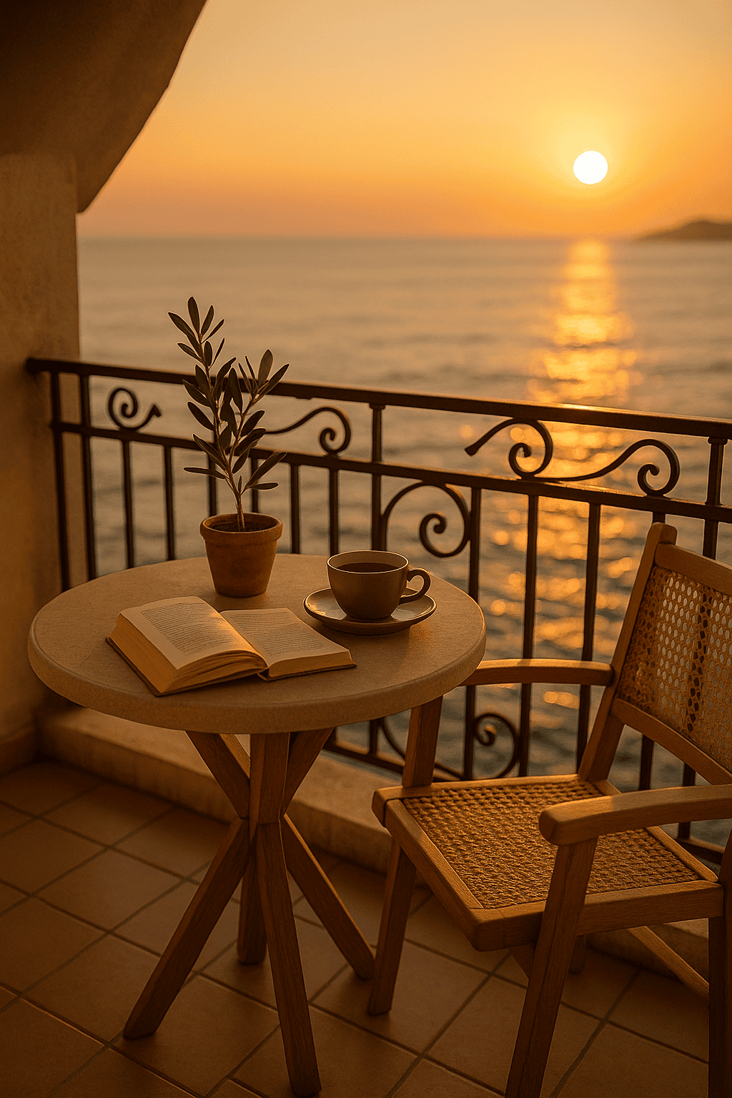 Cozy Mediterranean balcony at sunset with herbal tea, book, and olive branches — peaceful evening ritual.
