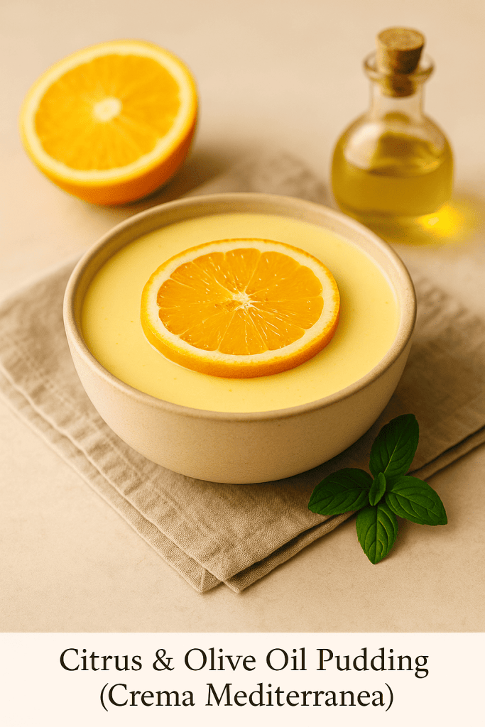 Citrus & Olive Oil Pudding served in a ceramic bowl with fresh orange slices and olive oil bottle — Mediterranean dessert photography