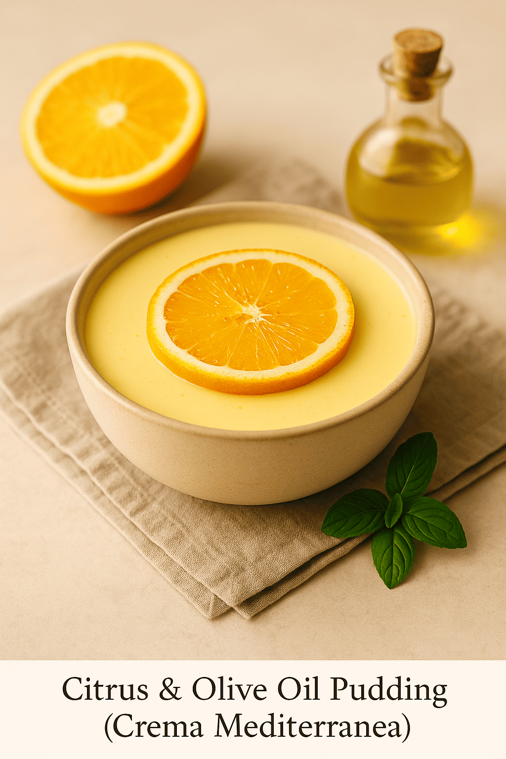 Citrus & Olive Oil Pudding served in a ceramic bowl with fresh orange slices and olive oil bottle — Mediterranean dessert photography