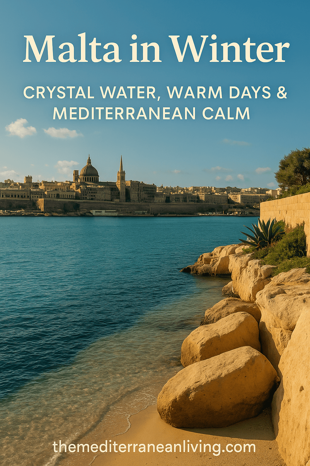Malta in winter coastal view with blue water, rocky cliffs and warm Mediterranean light.