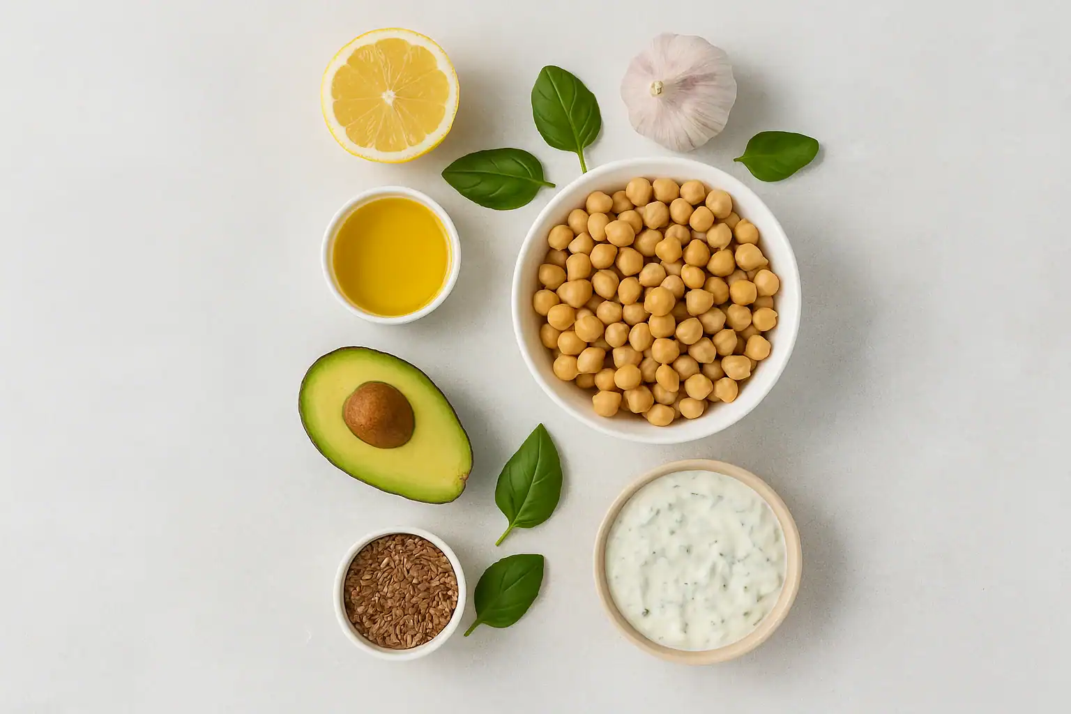 Mediterranean gut health friendly foods on a light table — olive oil, yogurt, leafy greens, lemon, herbs and seeds arranged in a clean, natural wellness style