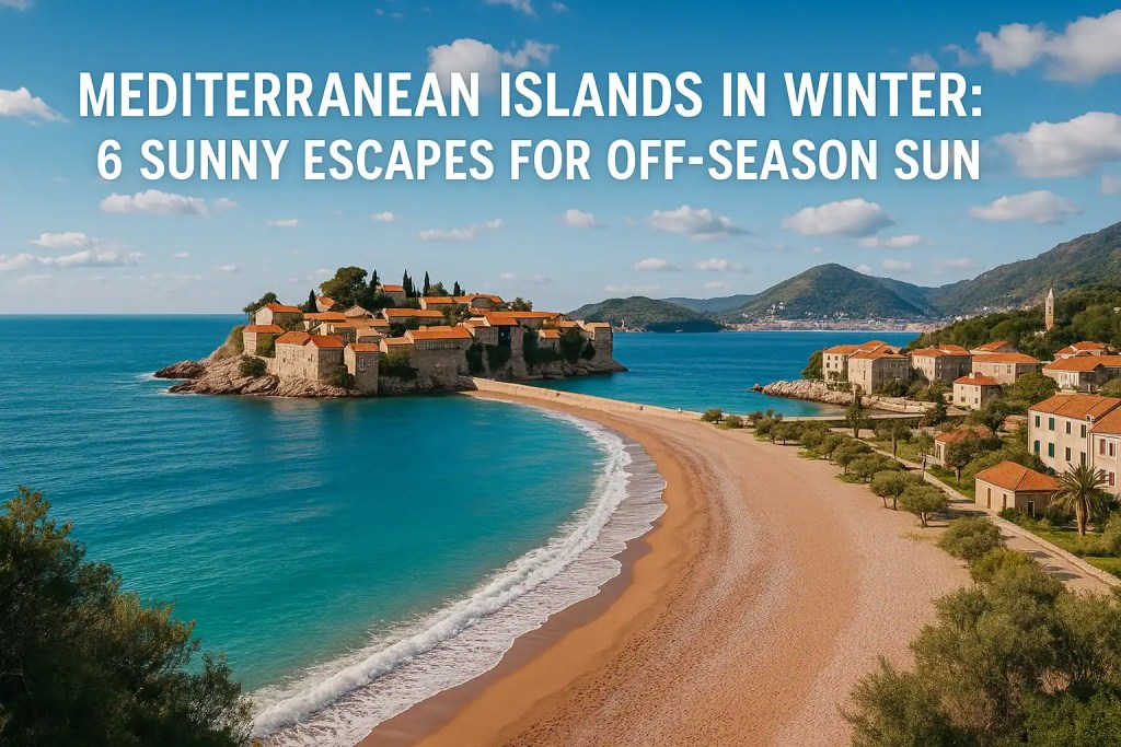 Mediterranean island in winter with sunny blue water and quiet beach
