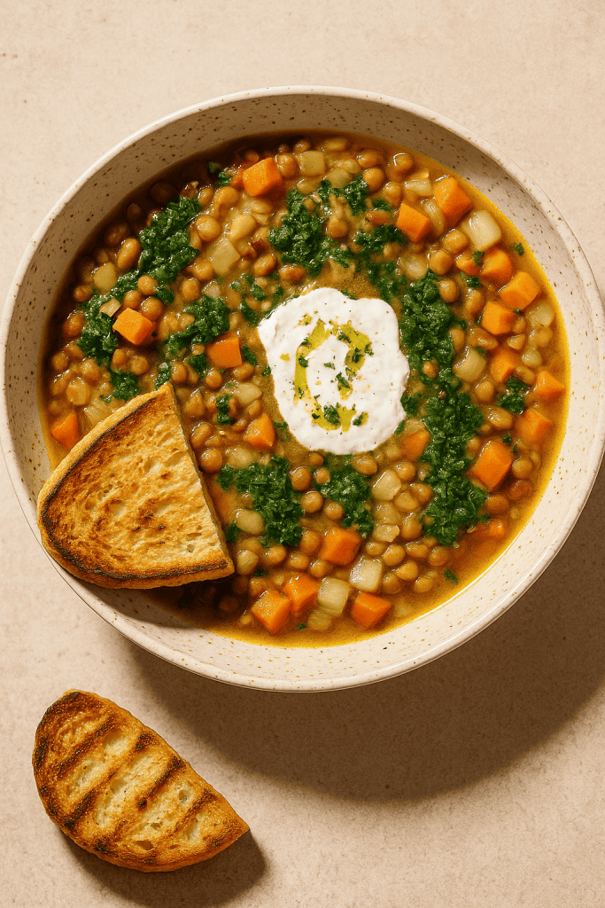 Mediterranean lentil soup in a rustic bowl with toasted bread and herbs