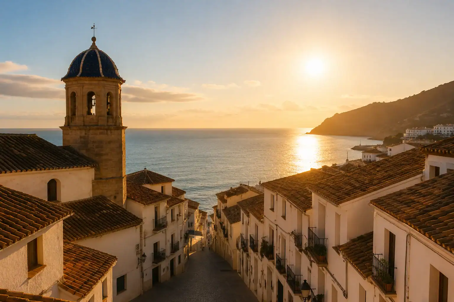 Mediterranean coastal café in winter sun with quiet streets and soft sea light