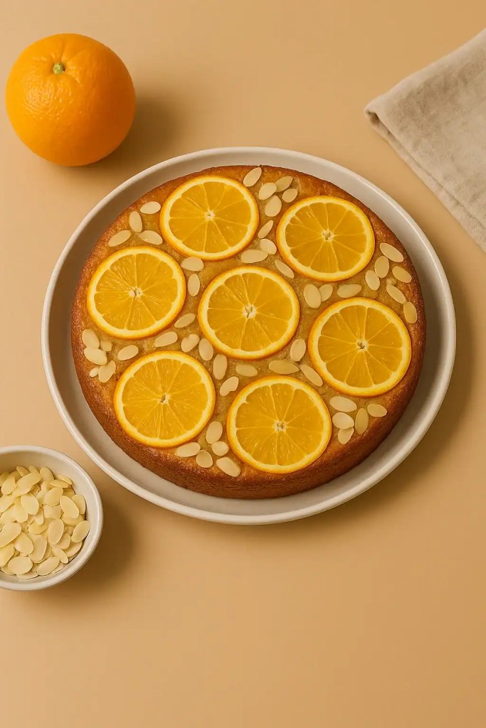 Mediterranean orange and almond cake on a rustic plate with fresh citrus and almond flakes.
