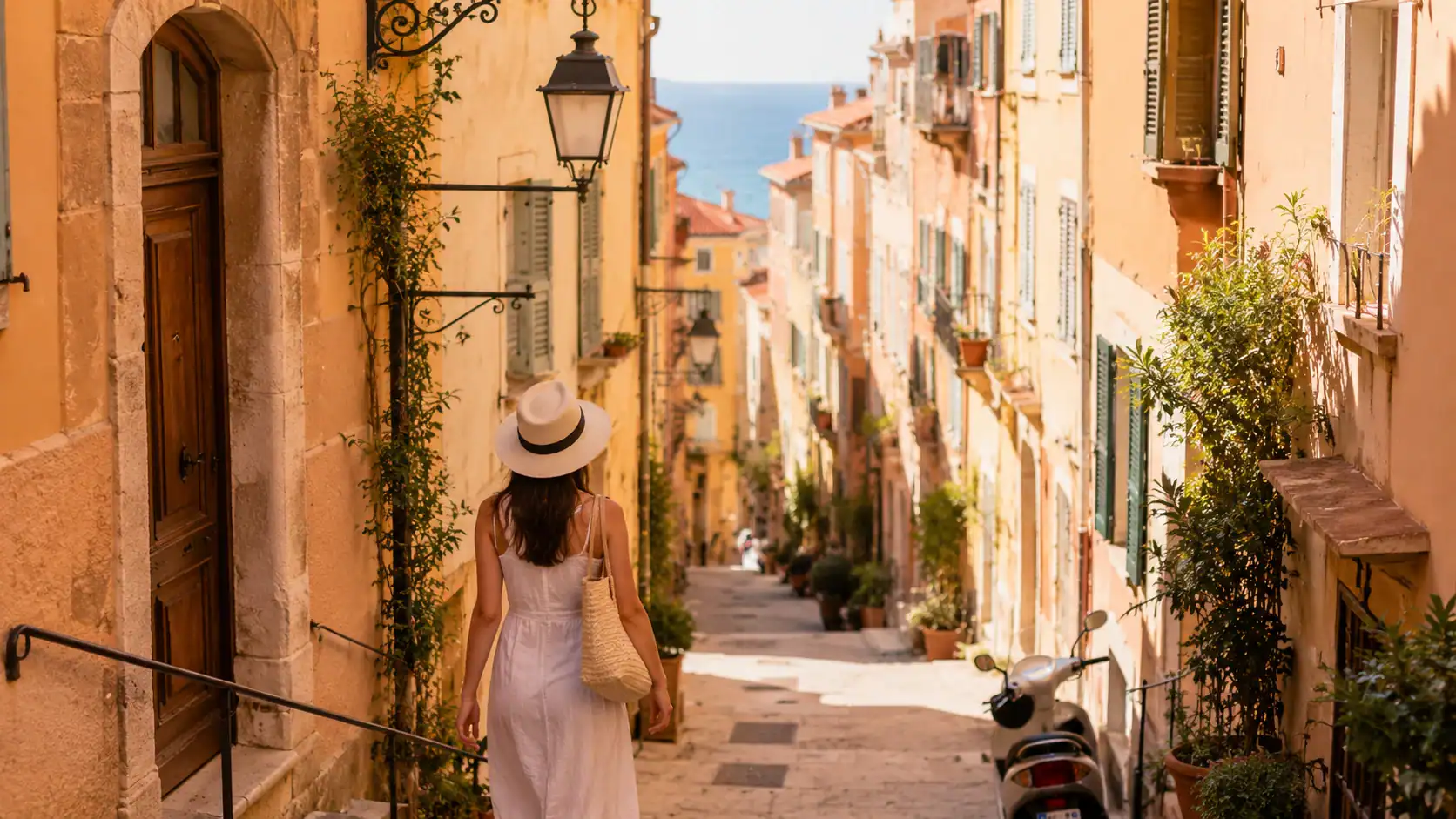 Sunny street in Nice Old Town with warm Mediterranean buildings, sea view and a woman walking toward the coast