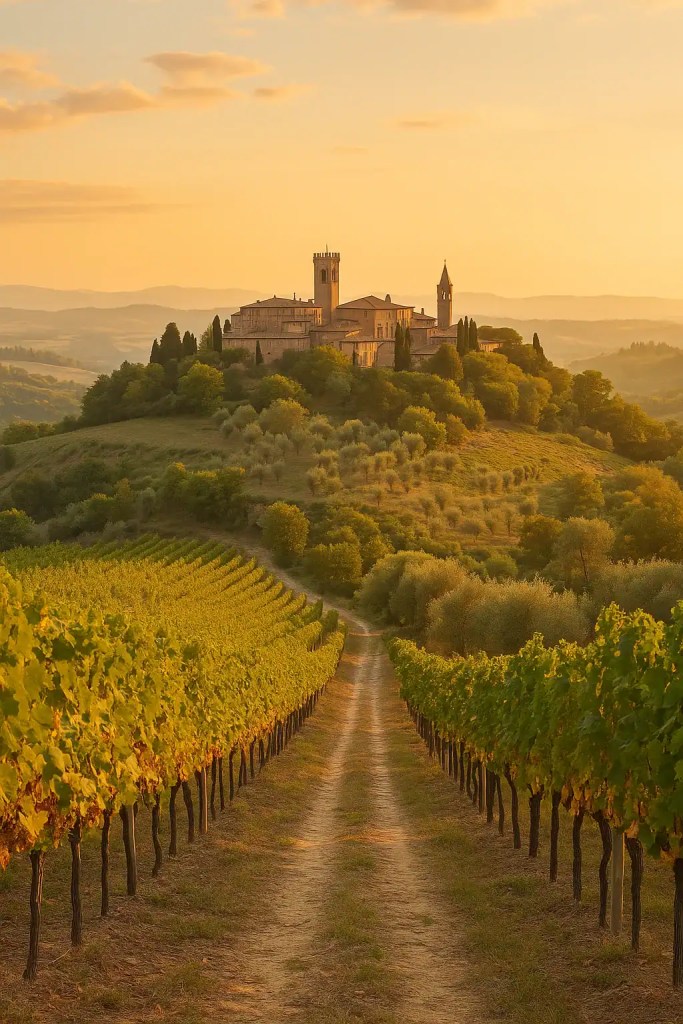 Scenic view for a Tuscany in 24 hours itinerary: a golden-hour Tuscan hilltop town surrounded by vineyards and rolling hills, captured in warm Mediterranean light.