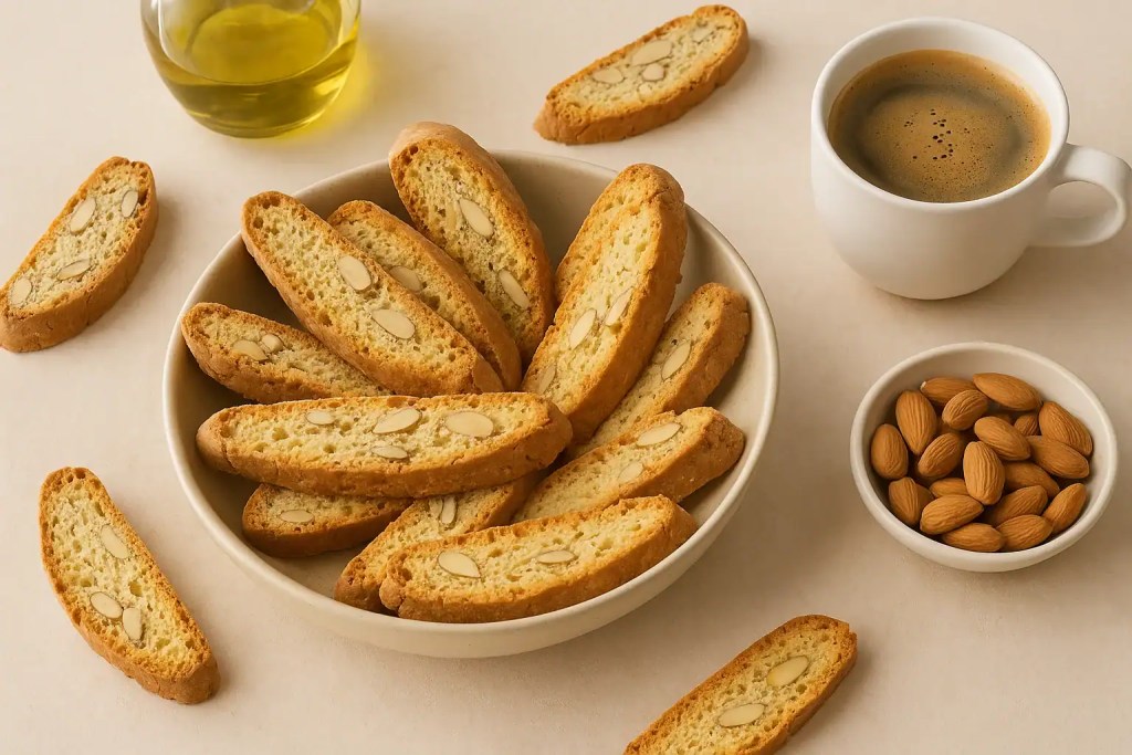 Almond-olive oil biscotti arranged in a ceramic bowl, with whole almonds, olive oil and a cup of coffee, photographed top-down in warm Mediterranean light.