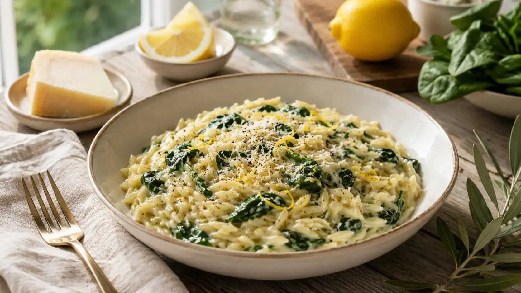 Creamy lemon orzo with spinach, parmesan, lemon zest and black pepper in a shallow bowl on a rustic table