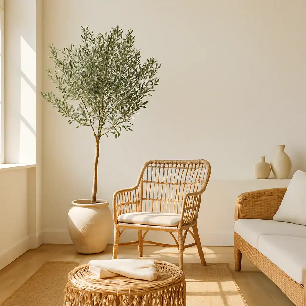 Energy-Saving Mediterranean Home - living room with natural light, olive tree and sustainable decor