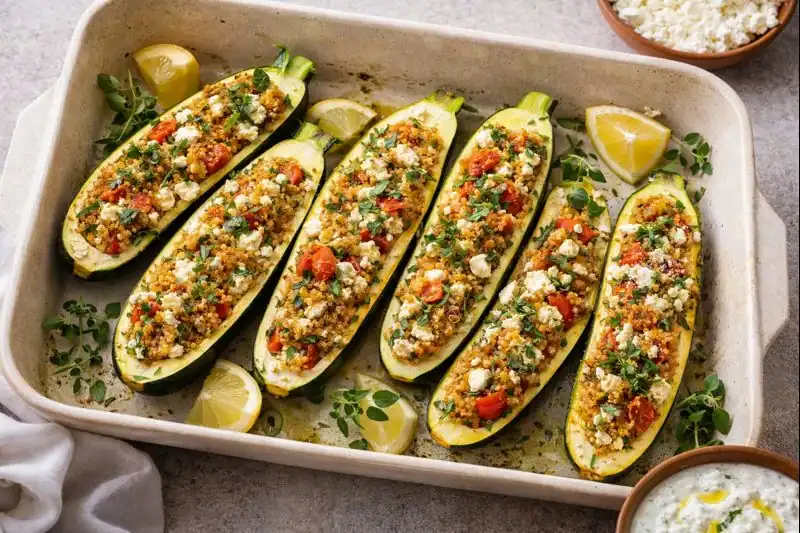 Greek-style stuffed zucchini boats with herbs, feta, tomatoes and lemon