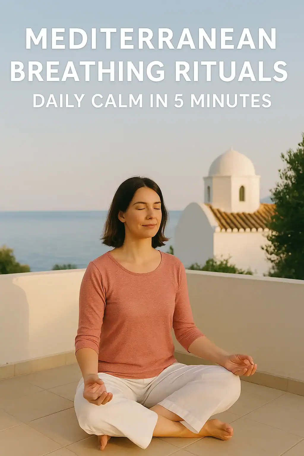 Woman practicing Mediterranean breathing rituals on a terrace overlooking the sea
