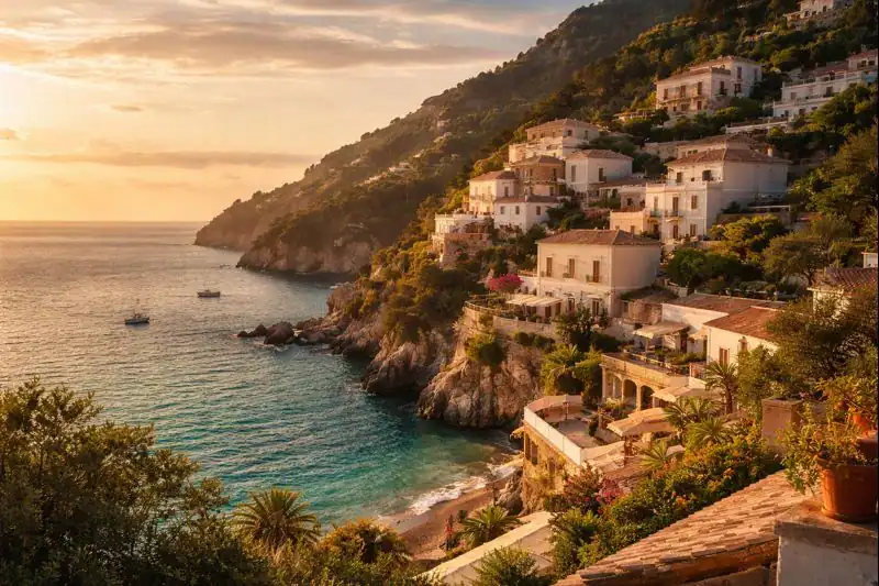Mediterranean living coastal village at sunset
