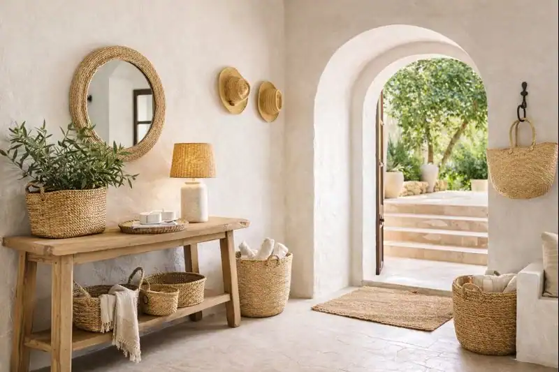 Mediterranean Entryway Ideas — Light, Baskets and Natural Textures