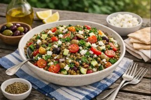 Mediterranean Lentil & Herb Salad in a bowl with herbs, veggies and feta