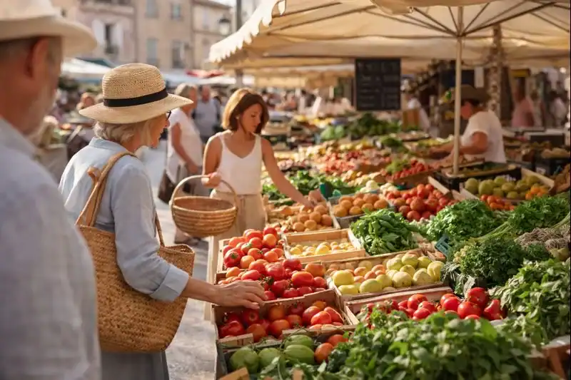 Mediterranean market mornings with locals shopping for fresh produce at an outdoor market