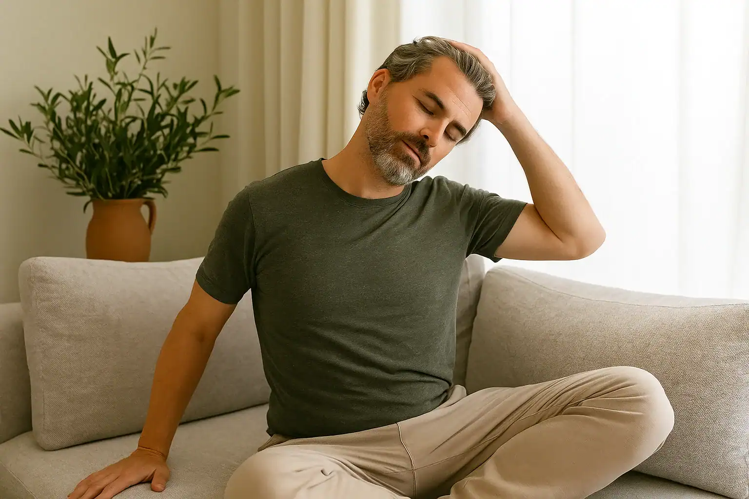 Man practicing a gentle Mediterranean Posture Rituals, stretch while seated on a sofa in natural warm light.