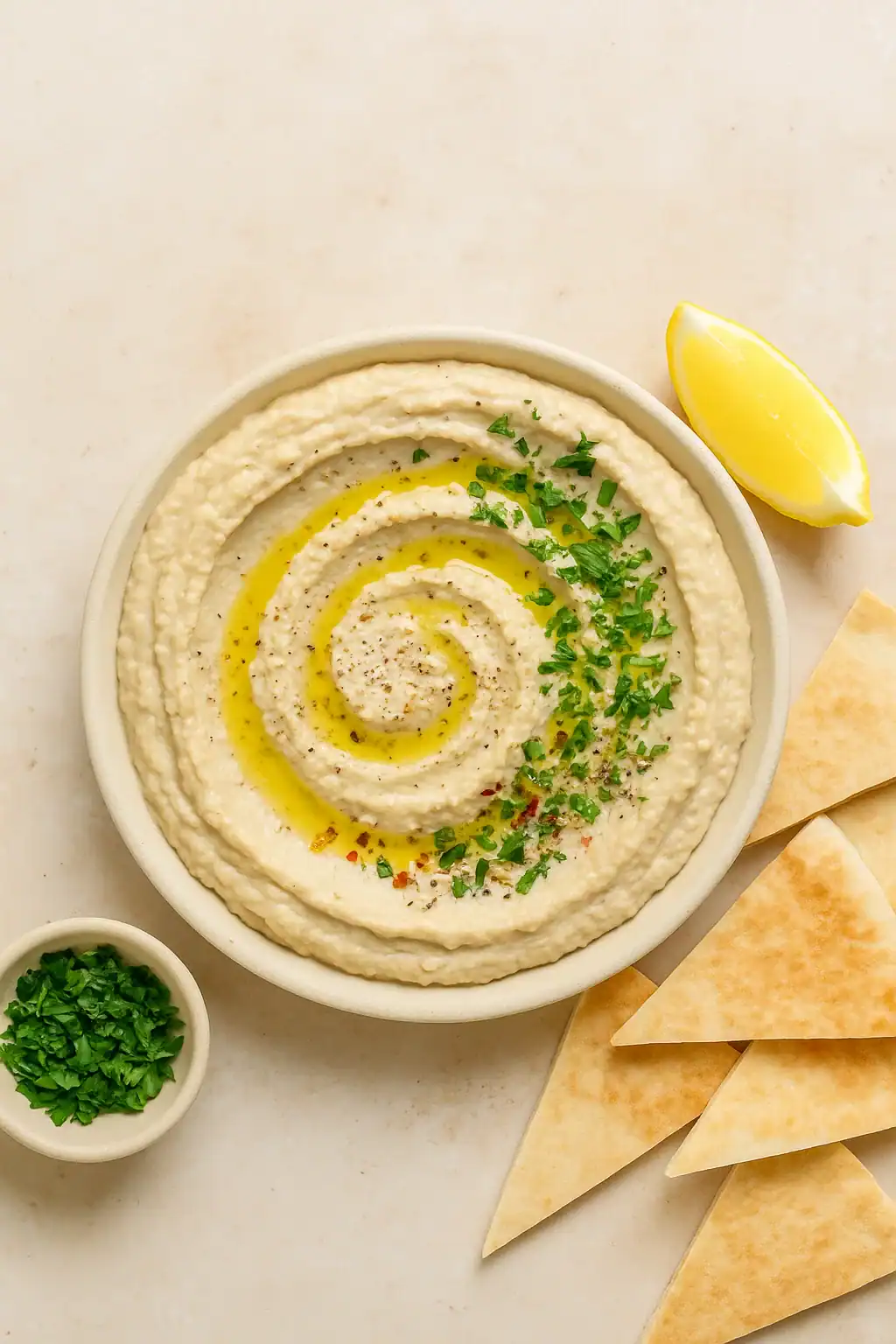 Mediterranean white bean & herb dip topped with olive oil swirl and fresh parsley